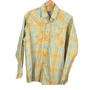 Cinch Mens Yellow Blue Plaid Western Snap Long Sleeve Shirt Size Medium